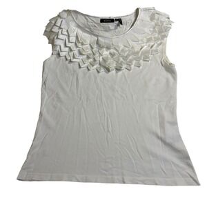 Stera Sleeveless‎ Top Ruffle Neck Knit Blouse White Casual Top Size L**